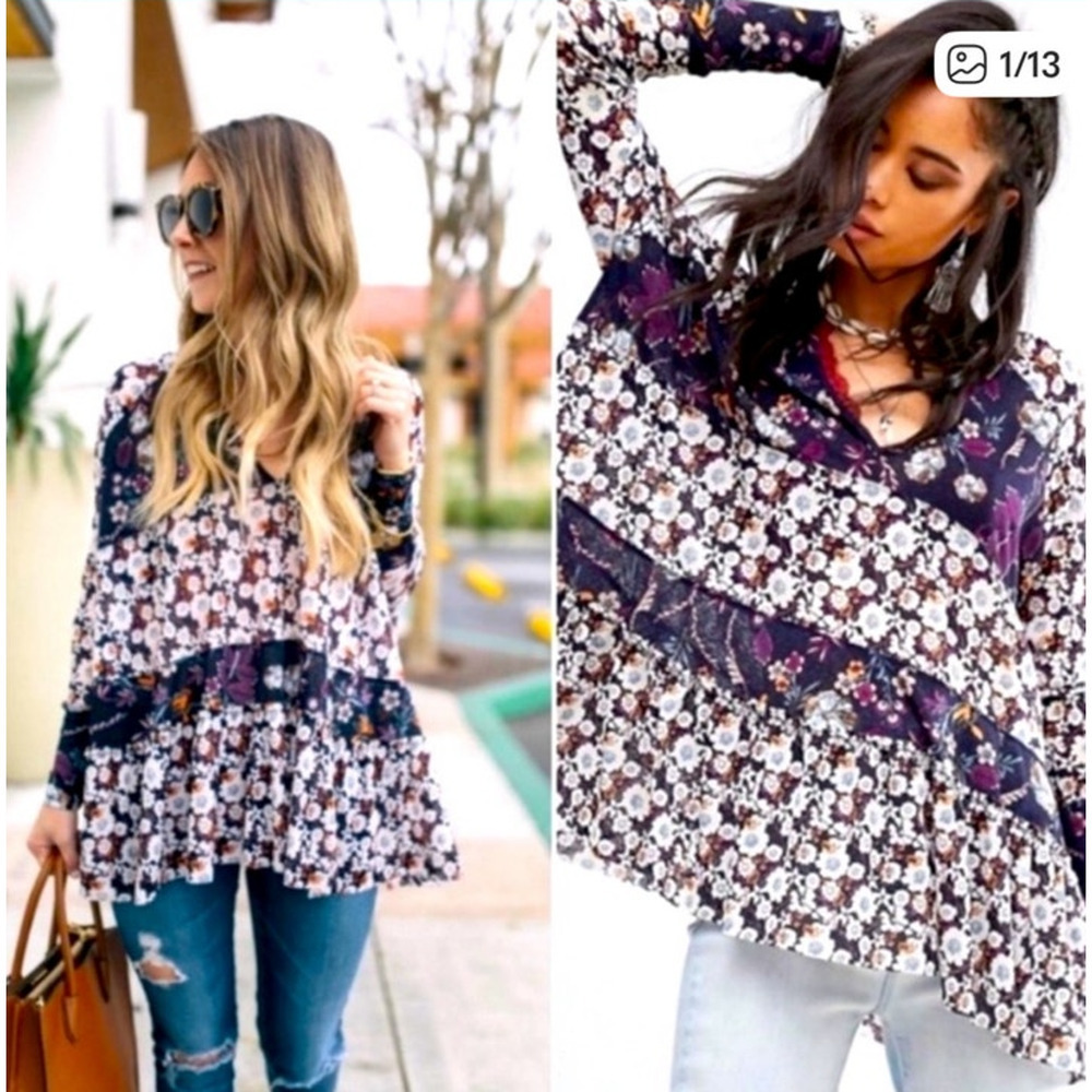 *Free People Floral Boho V-neck Isabelle Raw Asymmetrical Hem Swing Tunic Top,XS